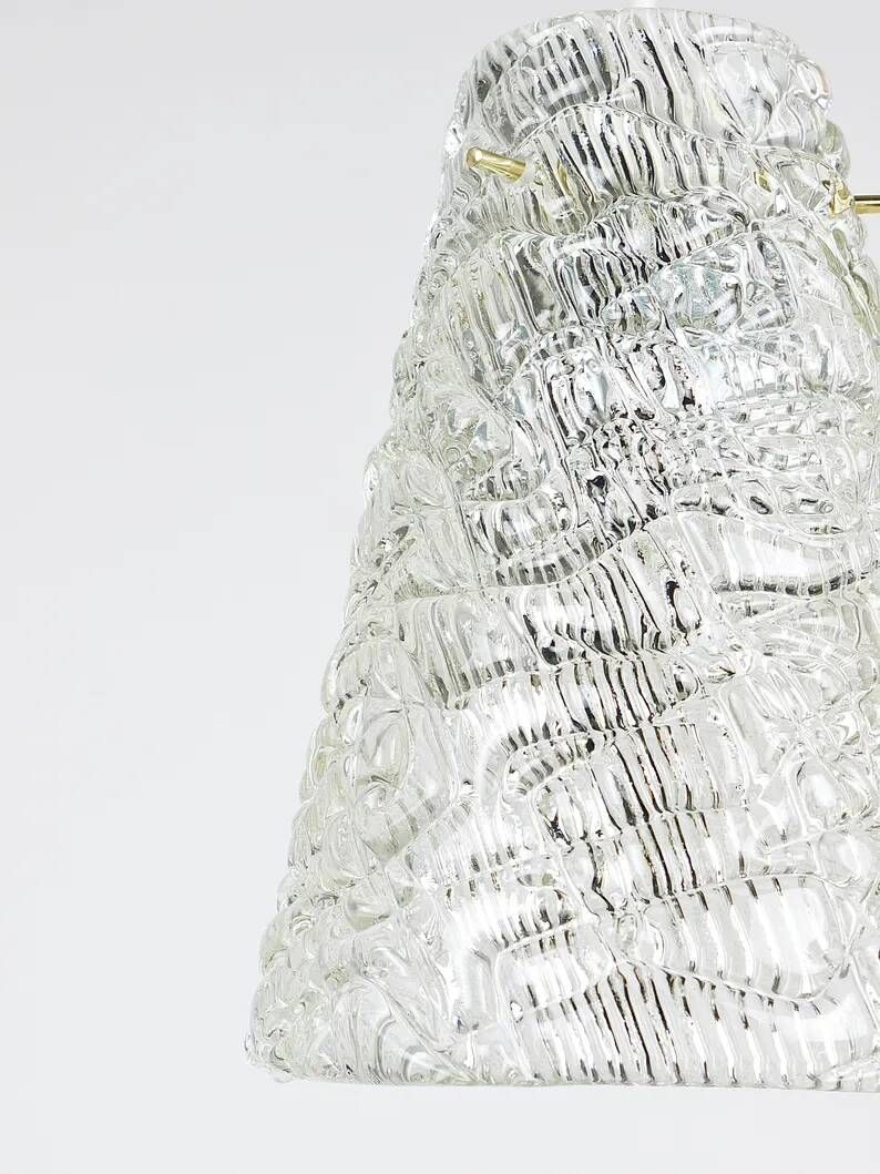 J.T. Kalmar Mid-Century Textured Glass & Brass Pendant Lamp, Austria, 1950s