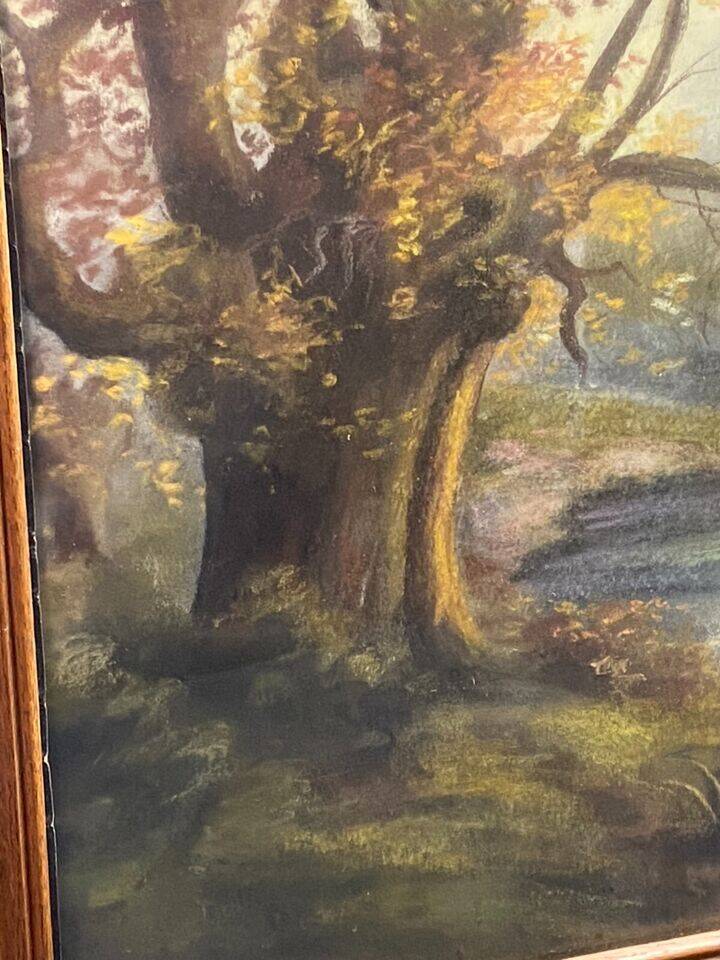 Late 19th century pastel painting signed A. Leroumeau with cows near the pond