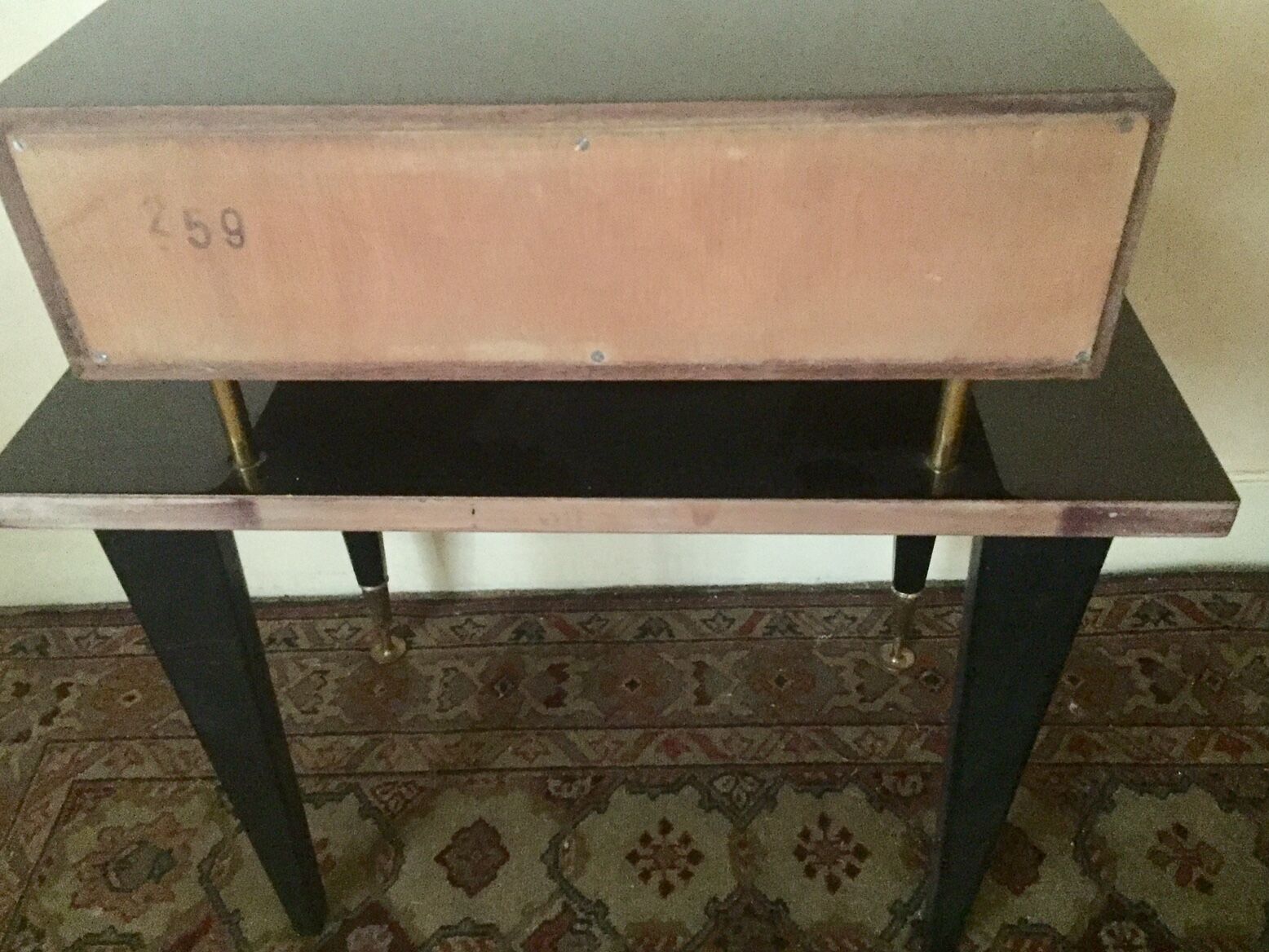 Varnished mahogany bedside table and brass 50s