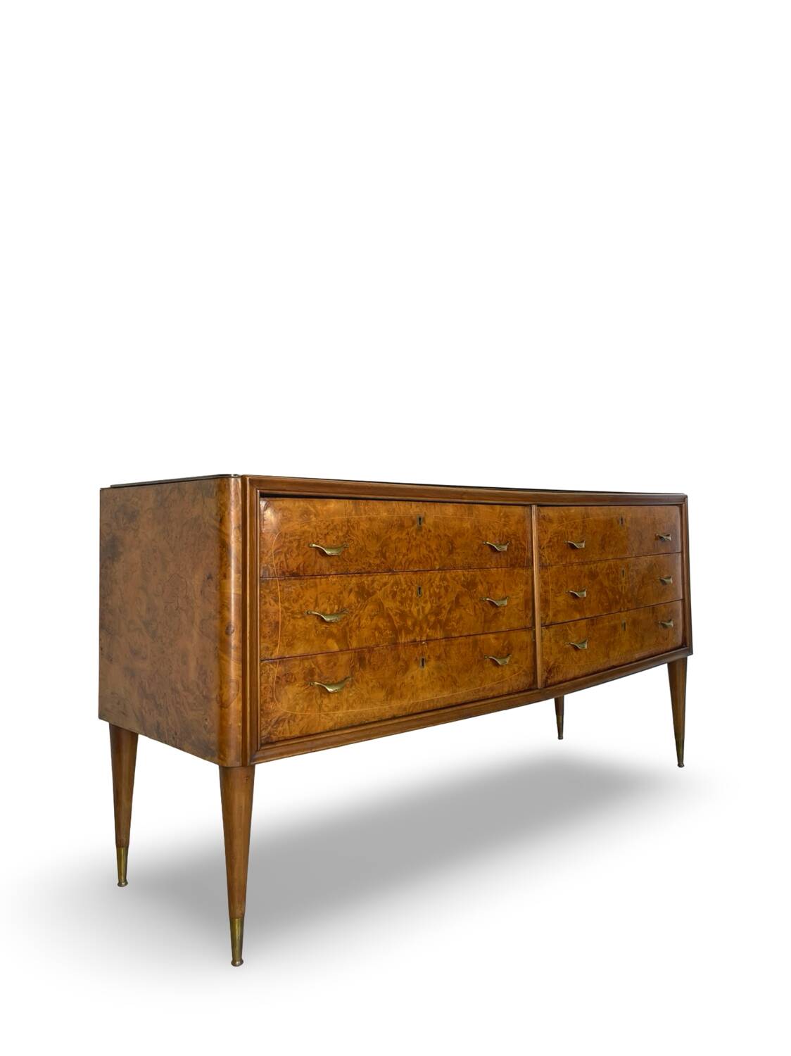 Veneered burl walnut chest of drawers with light warm brown glass top