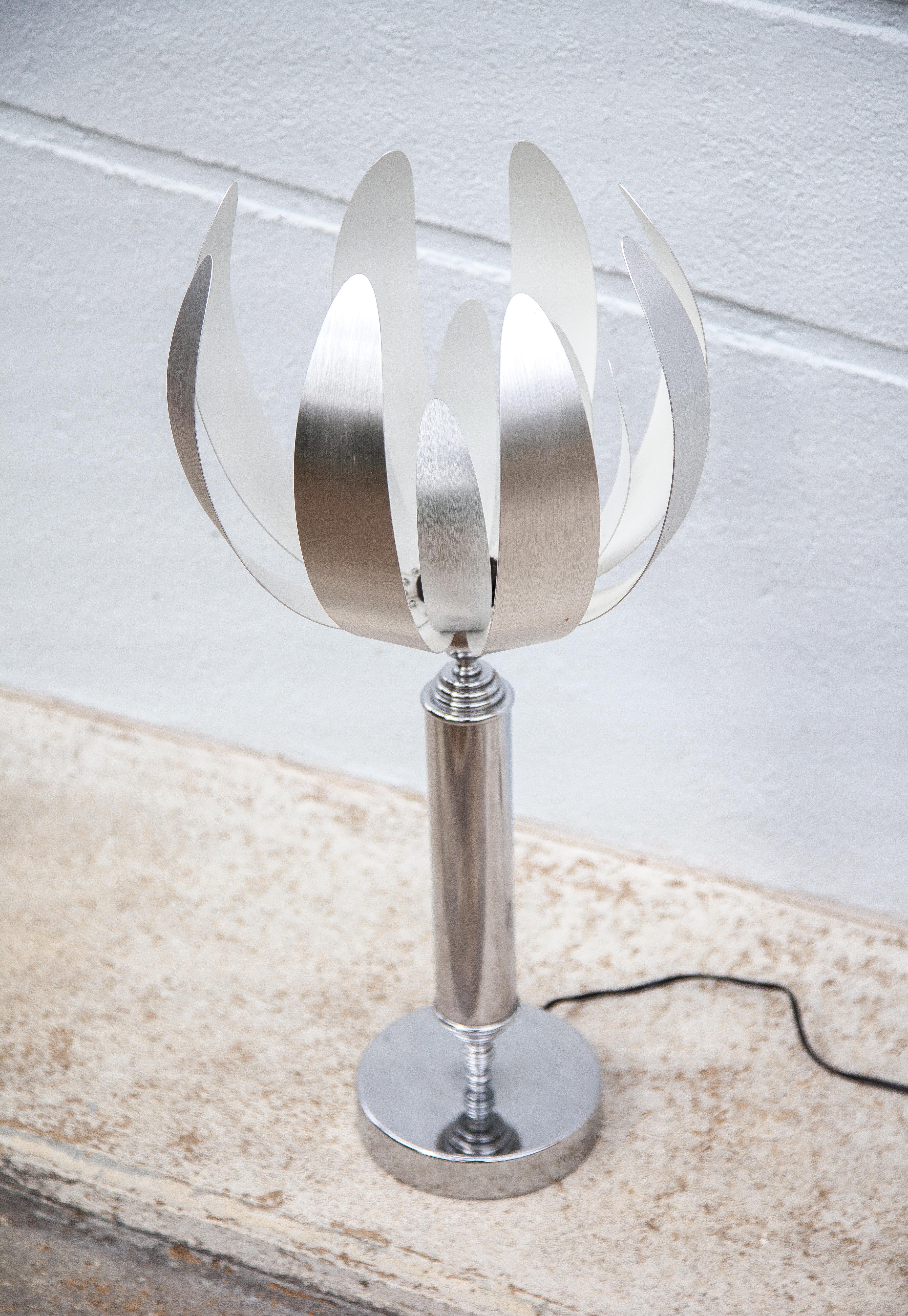 Vintage lamp, table lamp, chrome lamp with brushed steel blades, flower lamp, design lamp