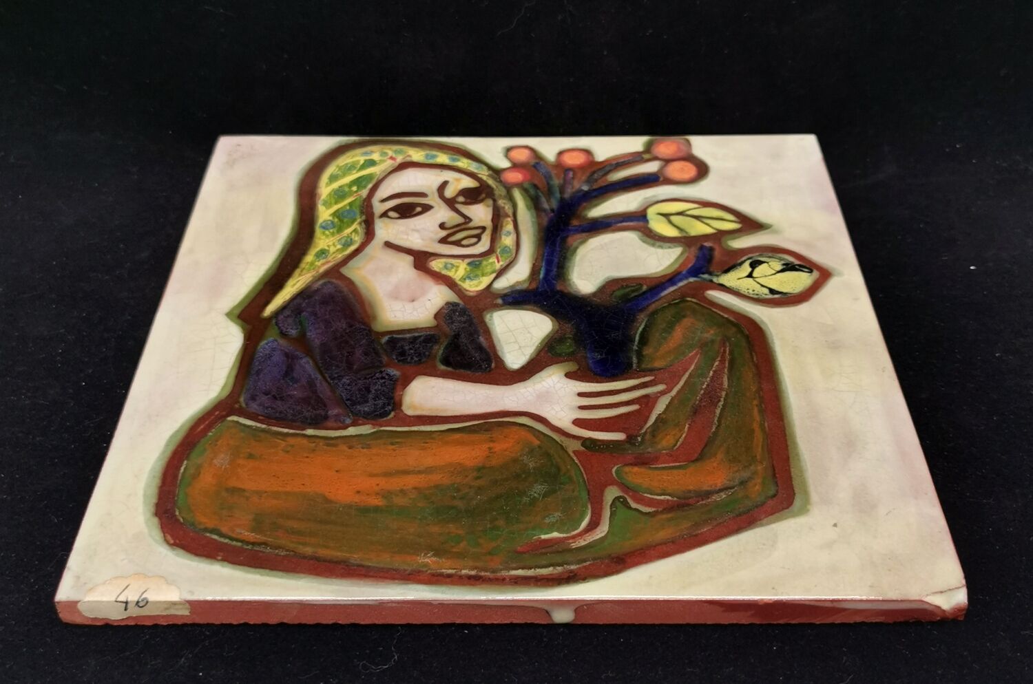 Painting tile in earthenware signed Jaqueline Bartre SANT VICENS CERAMIQUE 1970