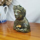 Clay sculpture of mother nature holding eggs, vintage modern figurative art