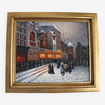 Tableau signé Le Moulin Rouge sous la neige