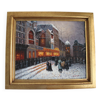 Tableau signé Le Moulin Rouge sous la neige