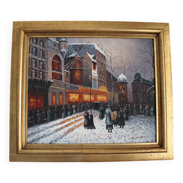 Painting signed the Moulin Rouge under the snow