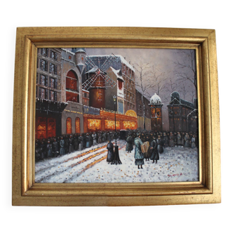 Painting signed the Moulin Rouge under the snow
