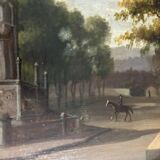French oil painting from 1880s depicting a park promenade during Victorian era in Paris. Impressioni