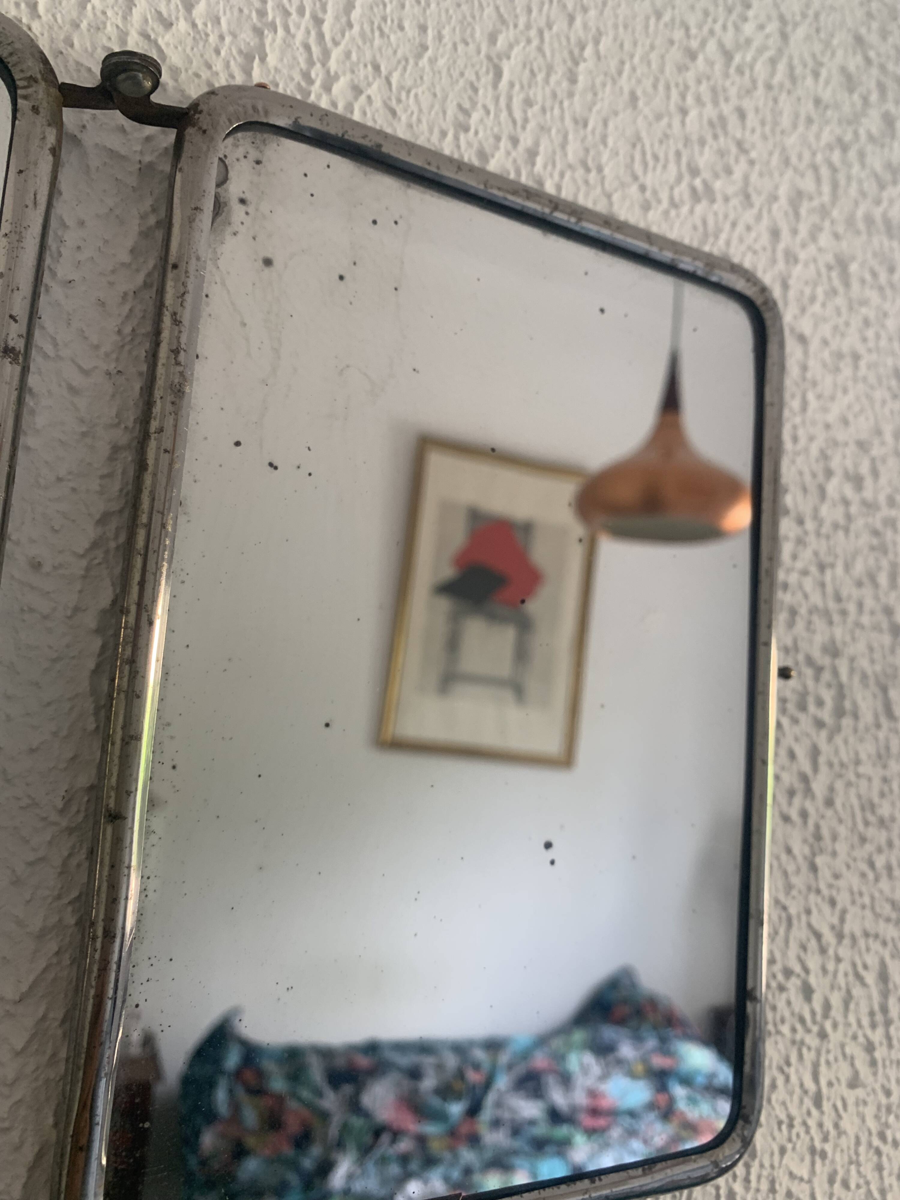 Vintage 1940s chocolate chrome barber triptych mirror - 21 x 49 cm