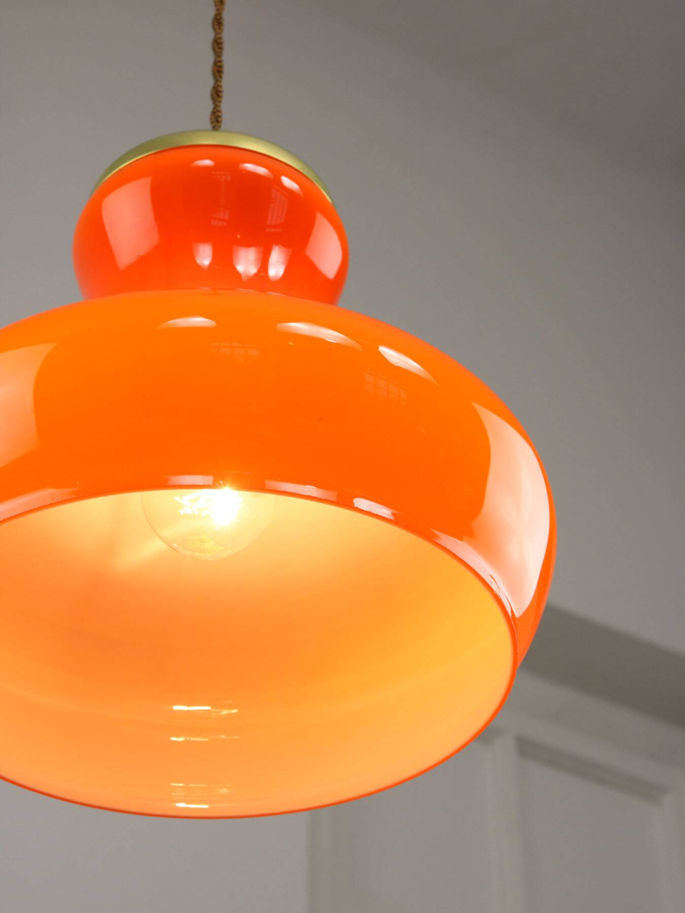 Mid-Century Modern Italian Orange Glass and Brass Pendant Lamp