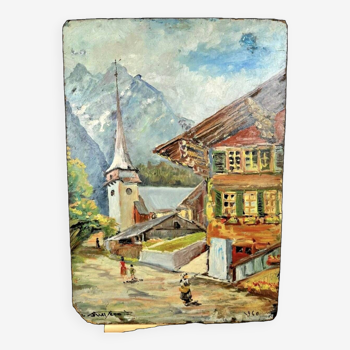 Oil on mountain village panel from 1960