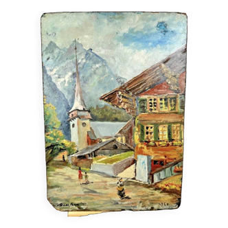 Huile sur panneau village de montagne de 1960