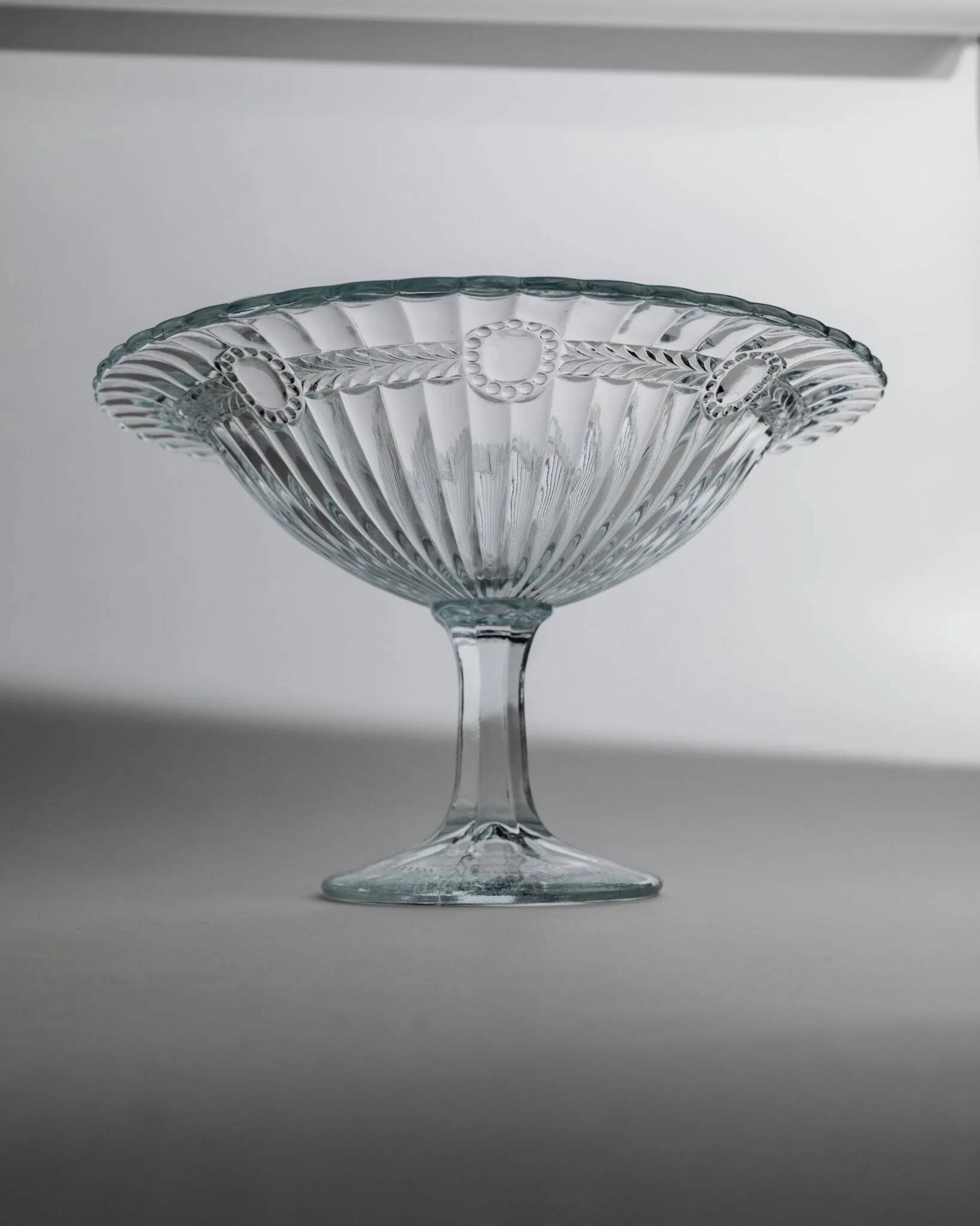 Blue pressed glass compote with pale aqua tint, 1910s Olivia Zabkowice Poland pedestal centerpiece