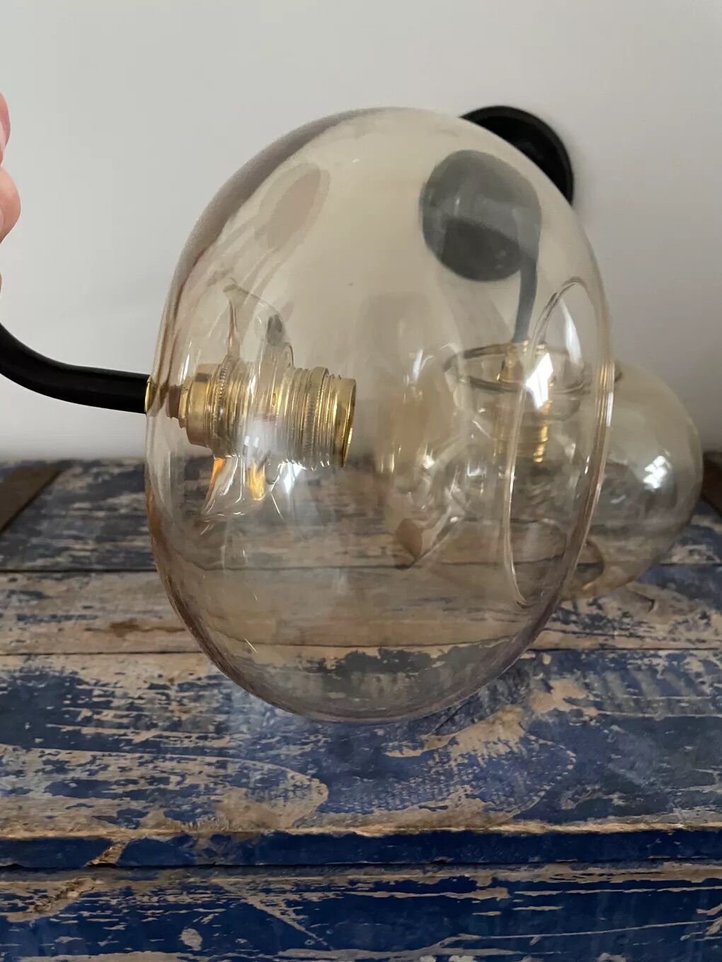 Pair of vintage electrified smoked glass wall lamps