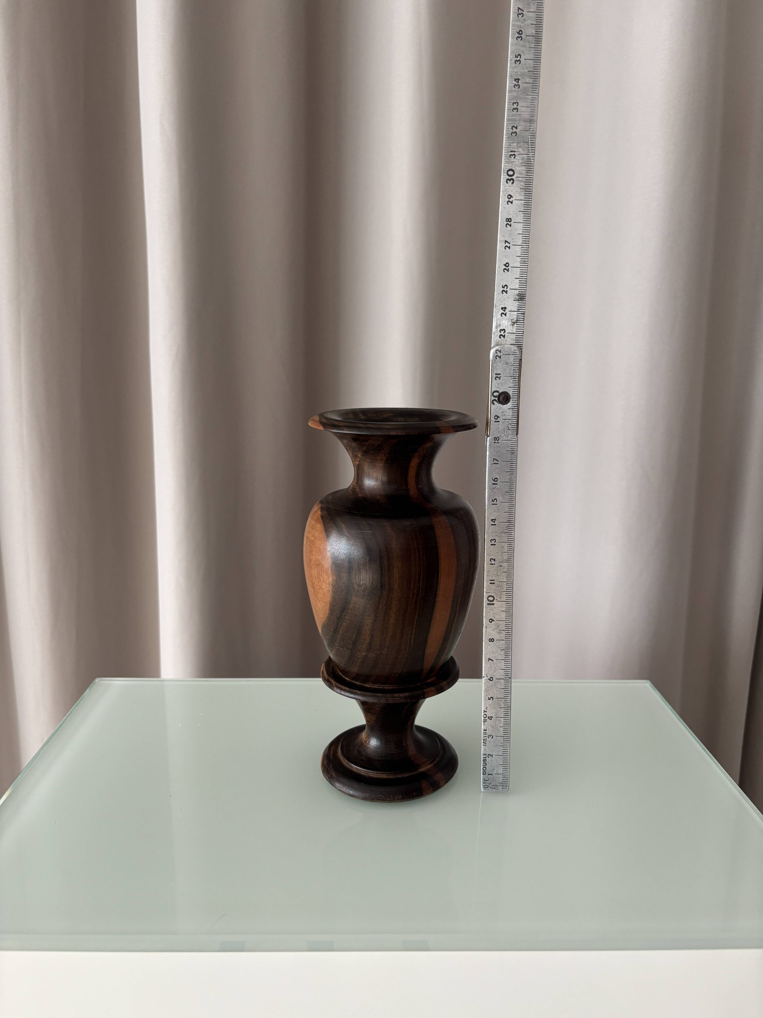 Vintage Sculptural Turned Wood Vase – Dark Hardwood – 20 cm