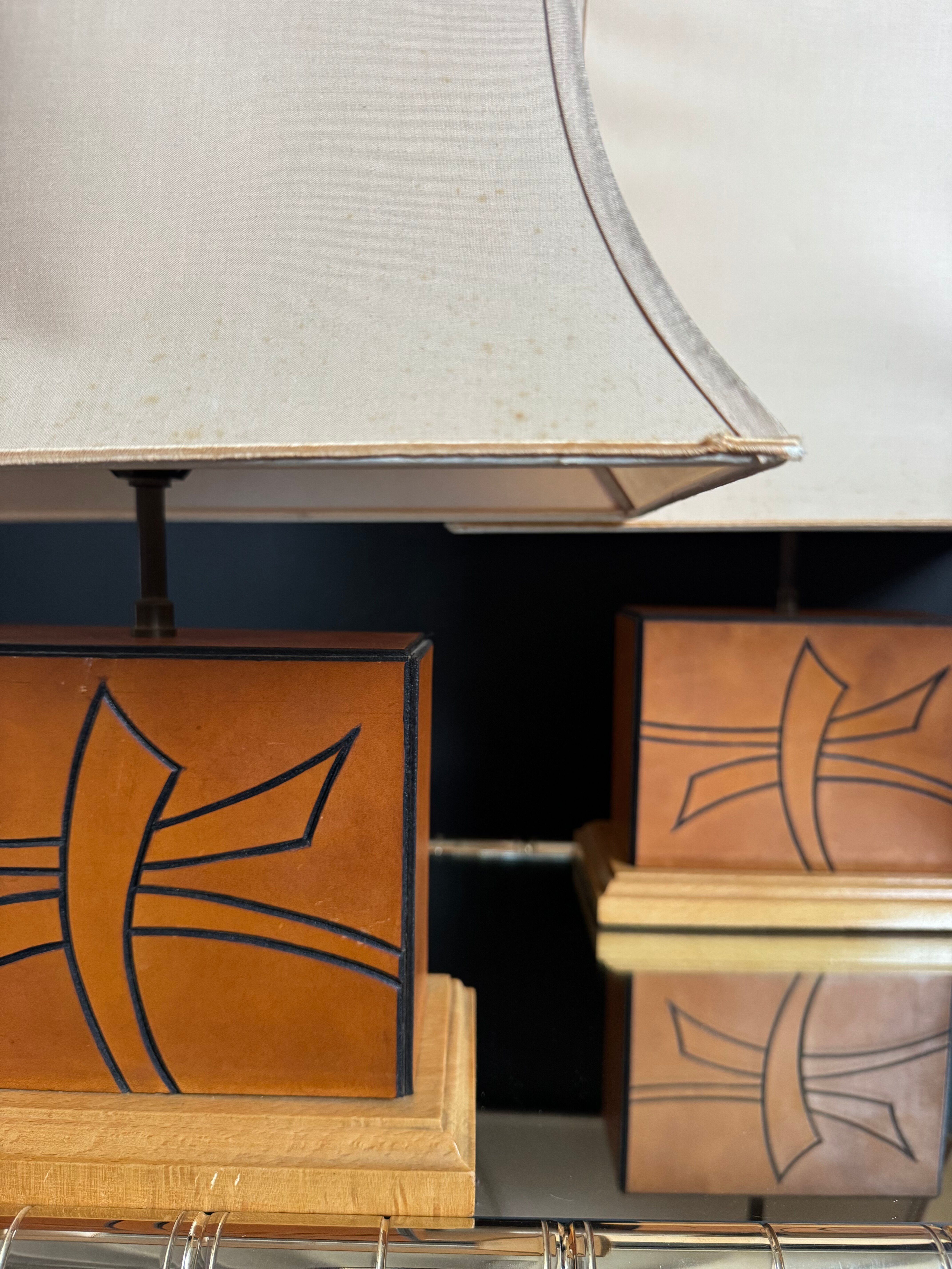 70s leather and wood pagoda lamps
