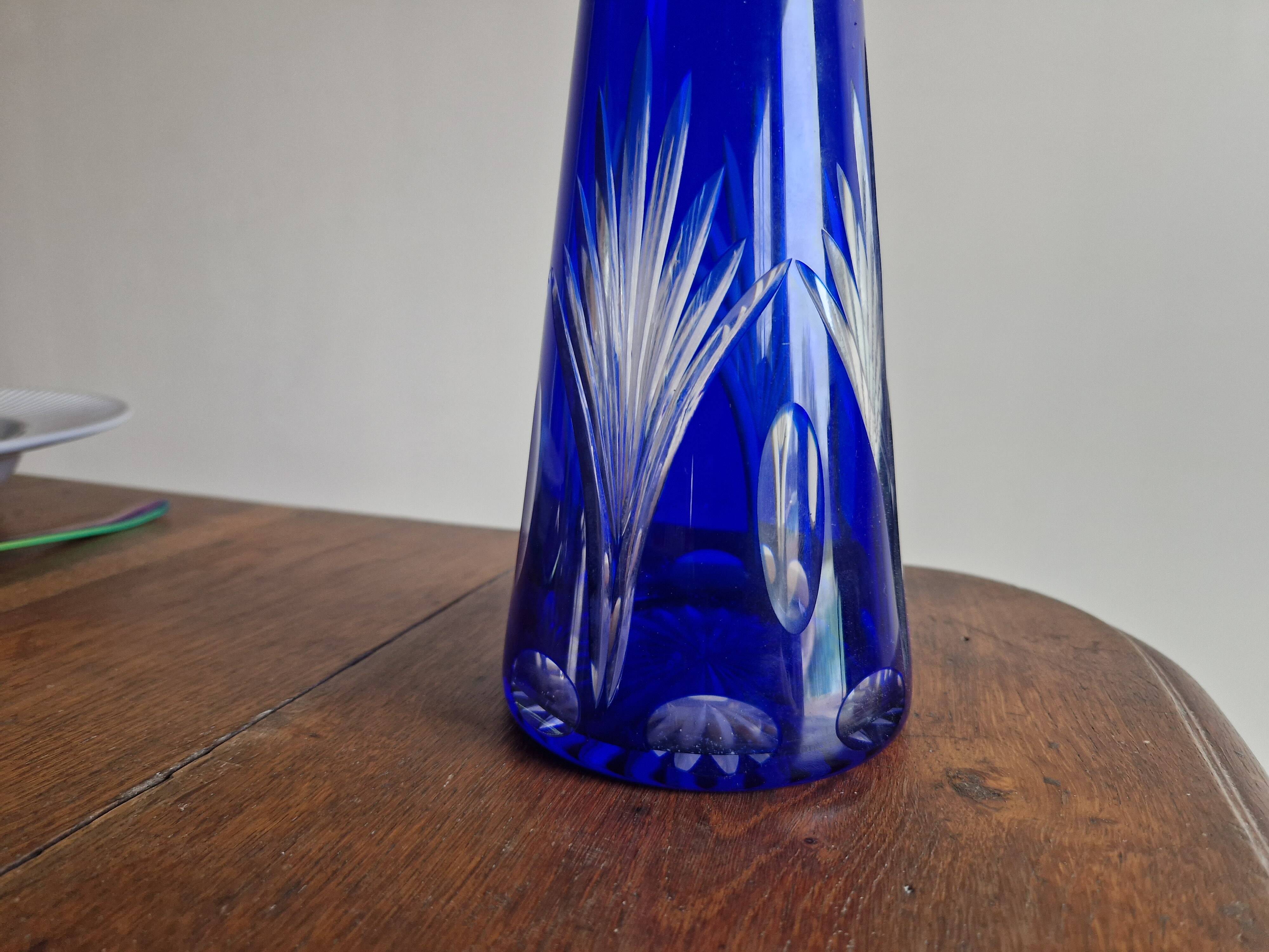 Vintage blue cut crystal bud vase - bohemian craft charm