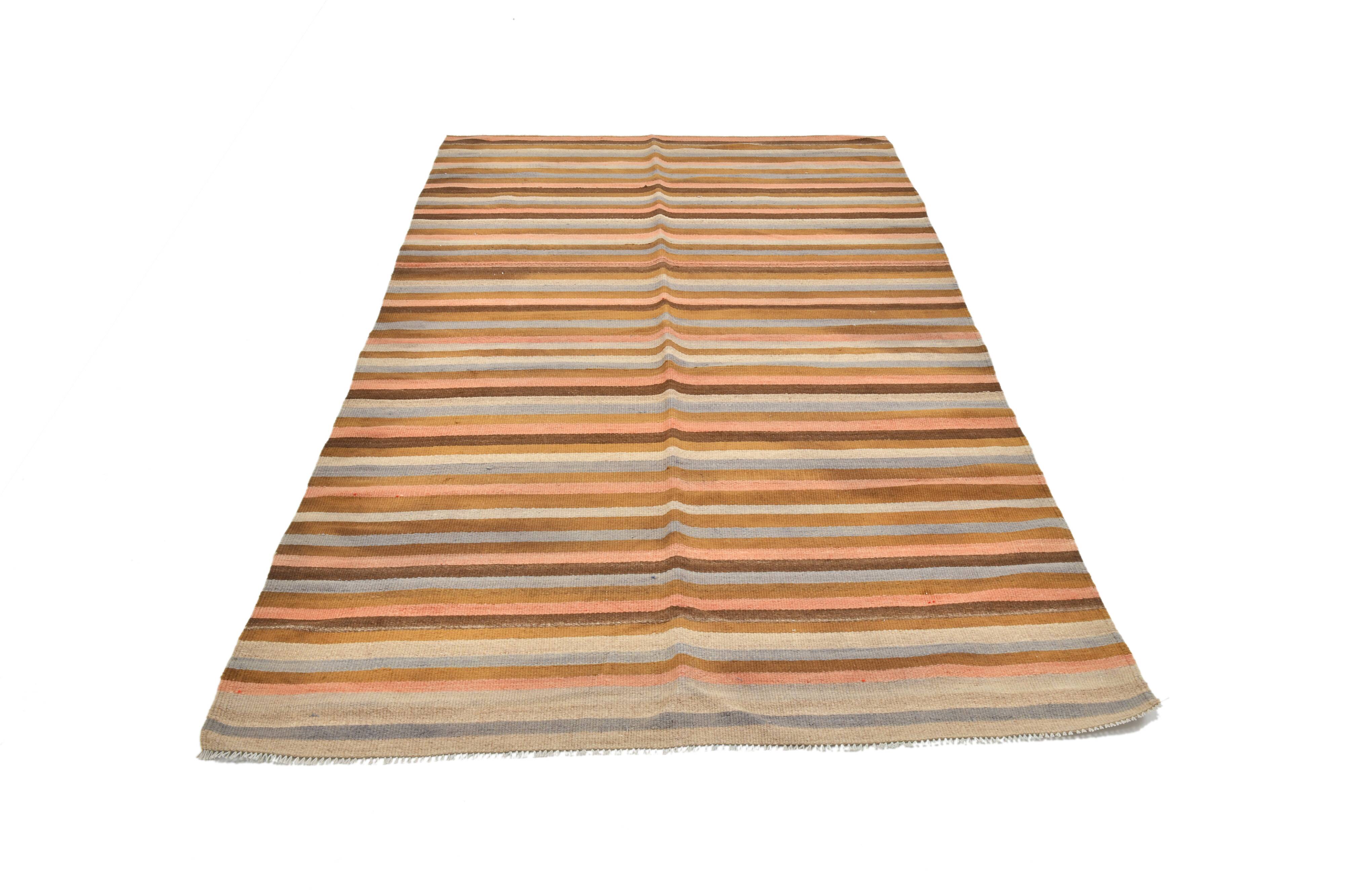 5x7 Salmon & Brown Striped Handmade Kilim Rug, 142x225Cm