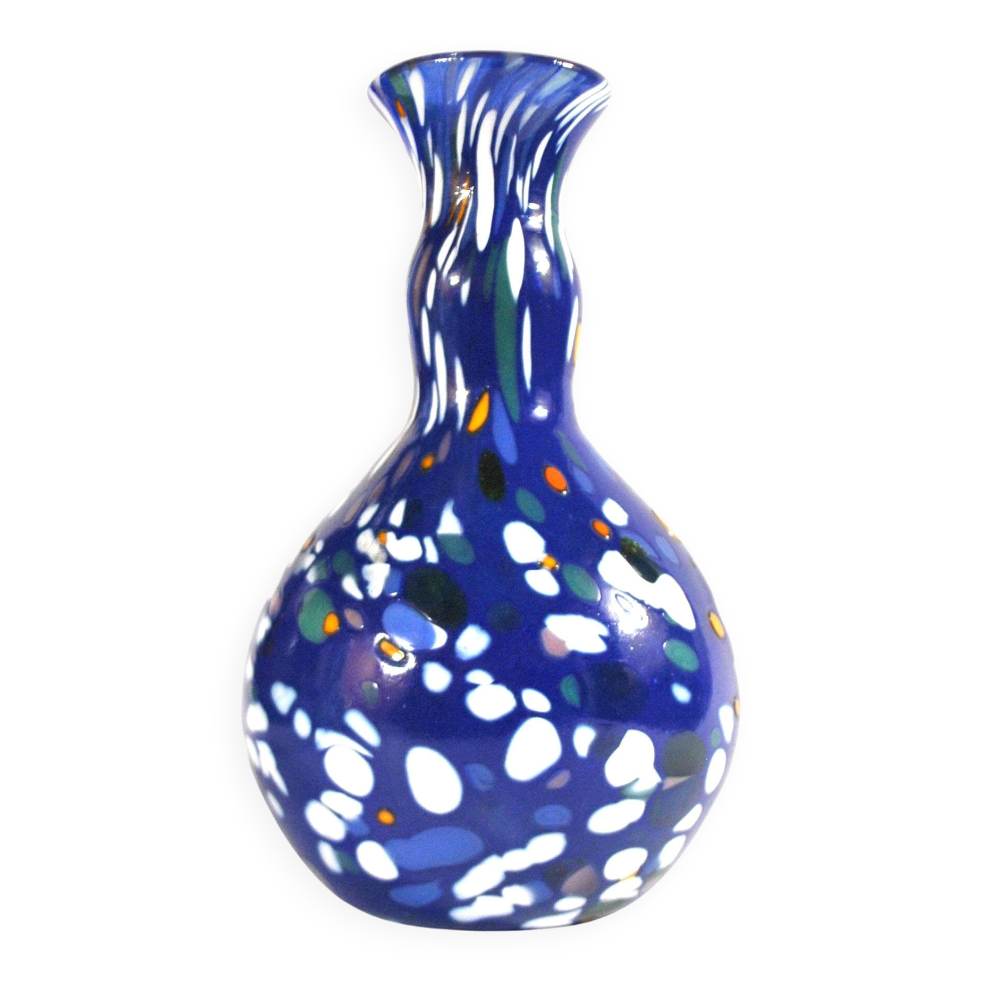 Vintage biot vase in double blown blue glass, coloured dot, design 2000 signed "arnold biot"