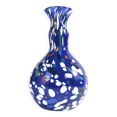 Vase vintage biot en verre soufflé bleu doublé, pastille couleur, design 2000 signé ''arnold biot