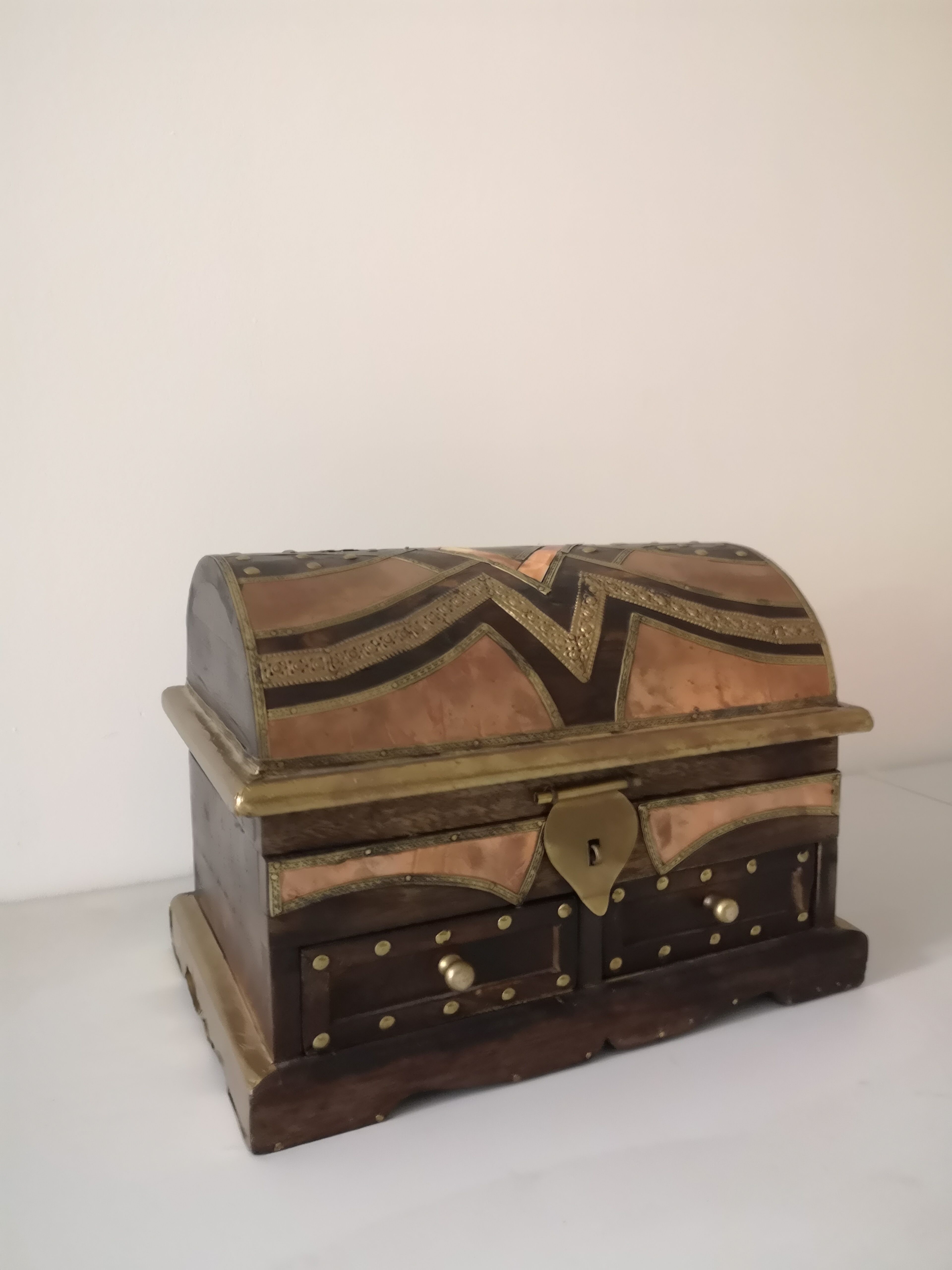 Berber chest with jewelry, wood and brass