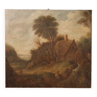 Peinture flamande de paysage à l’huile sur toile du 19ème siècle