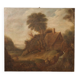 Flemish oil on canvas country landscape painting from 19th century