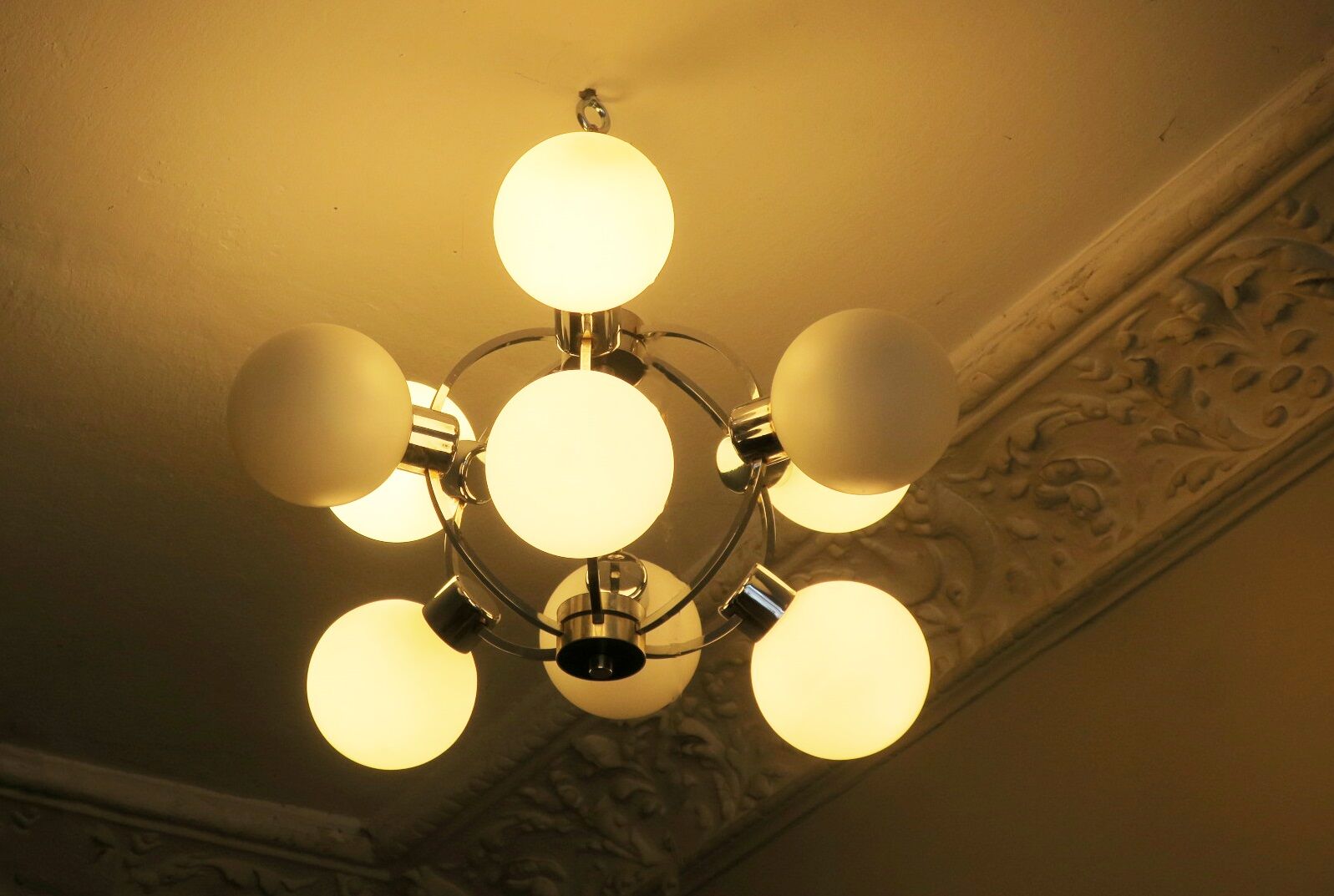 Mid century chandelier with 9 radiating milk glass globes 1970s