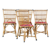 Set of 4 subtle and charming vintage 60s rattan boho chairs with colorful upholstered seats