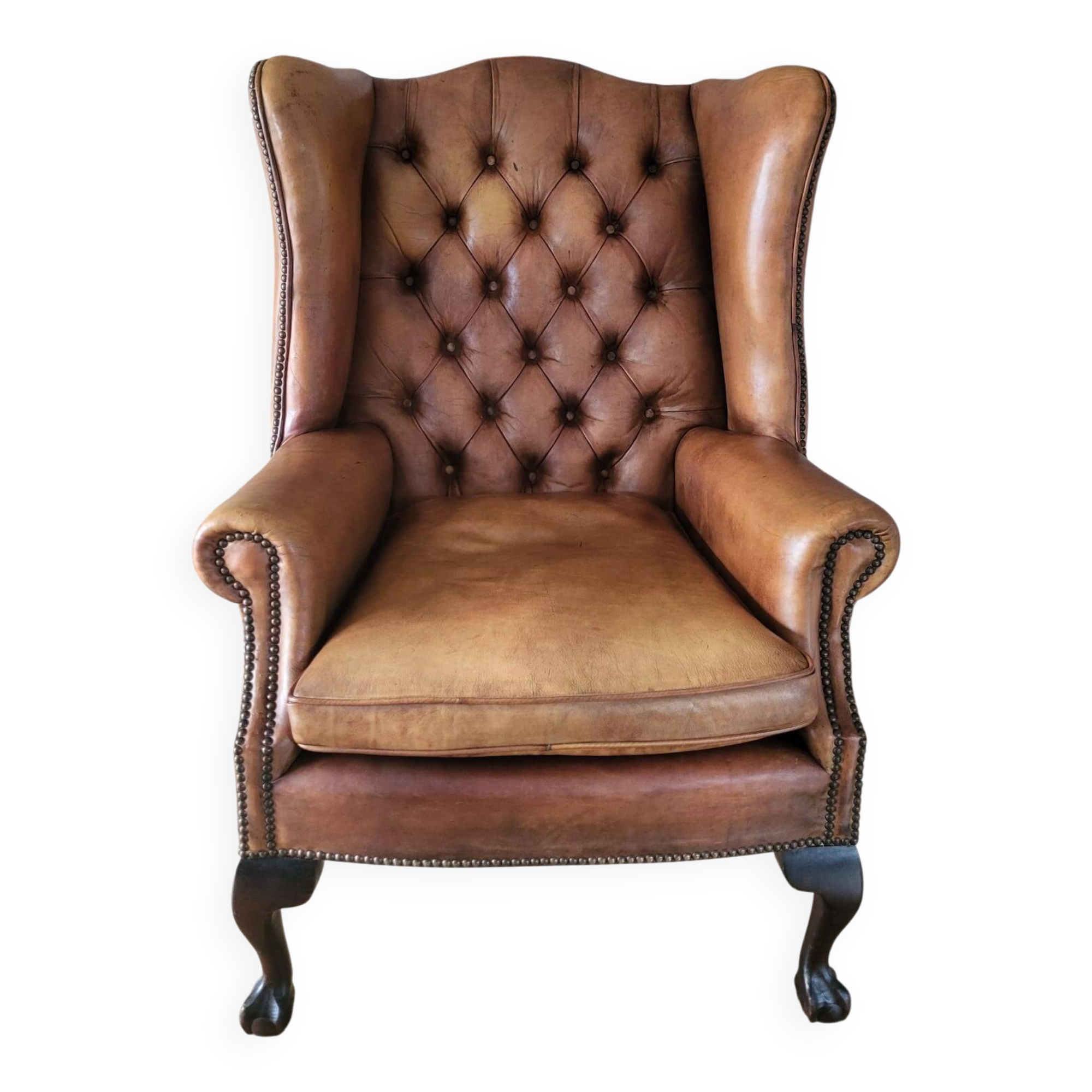 Antieke cuir Chesterfield wingback ourfauteuil Chippendale style cognac