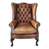 Antieke cuir Chesterfield wingback ourfauteuil Chippendale style cognac
