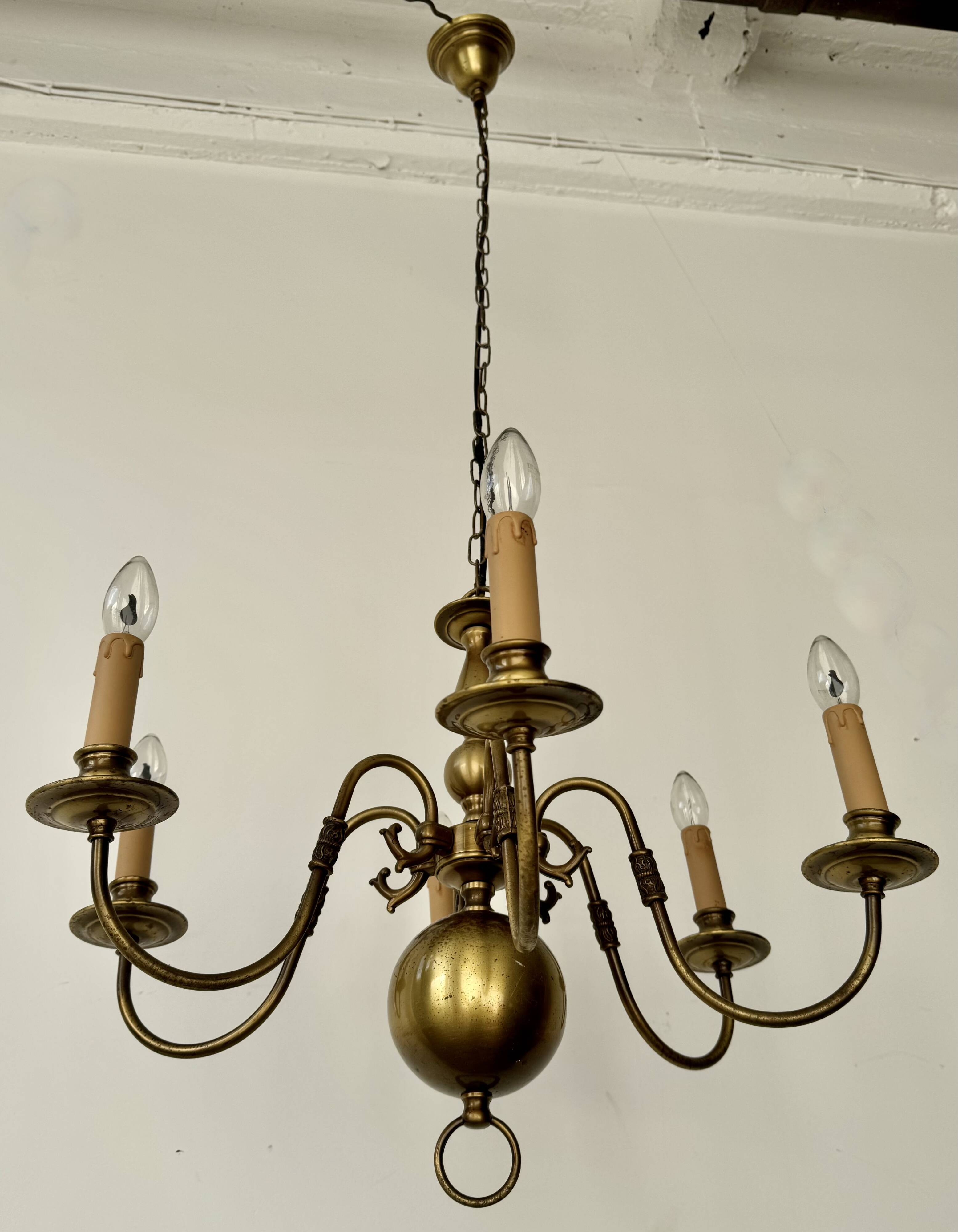Vintage 6 Arm Brass Dutch Chandelier