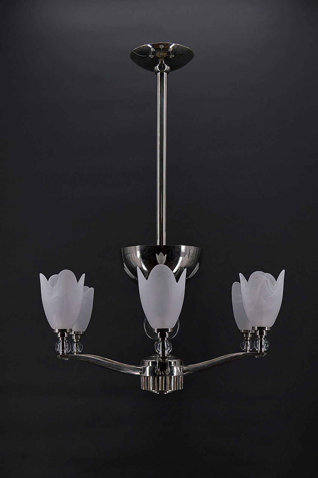 6-spoke Art Deco Modernist chrome chandelier, France, circa 1930