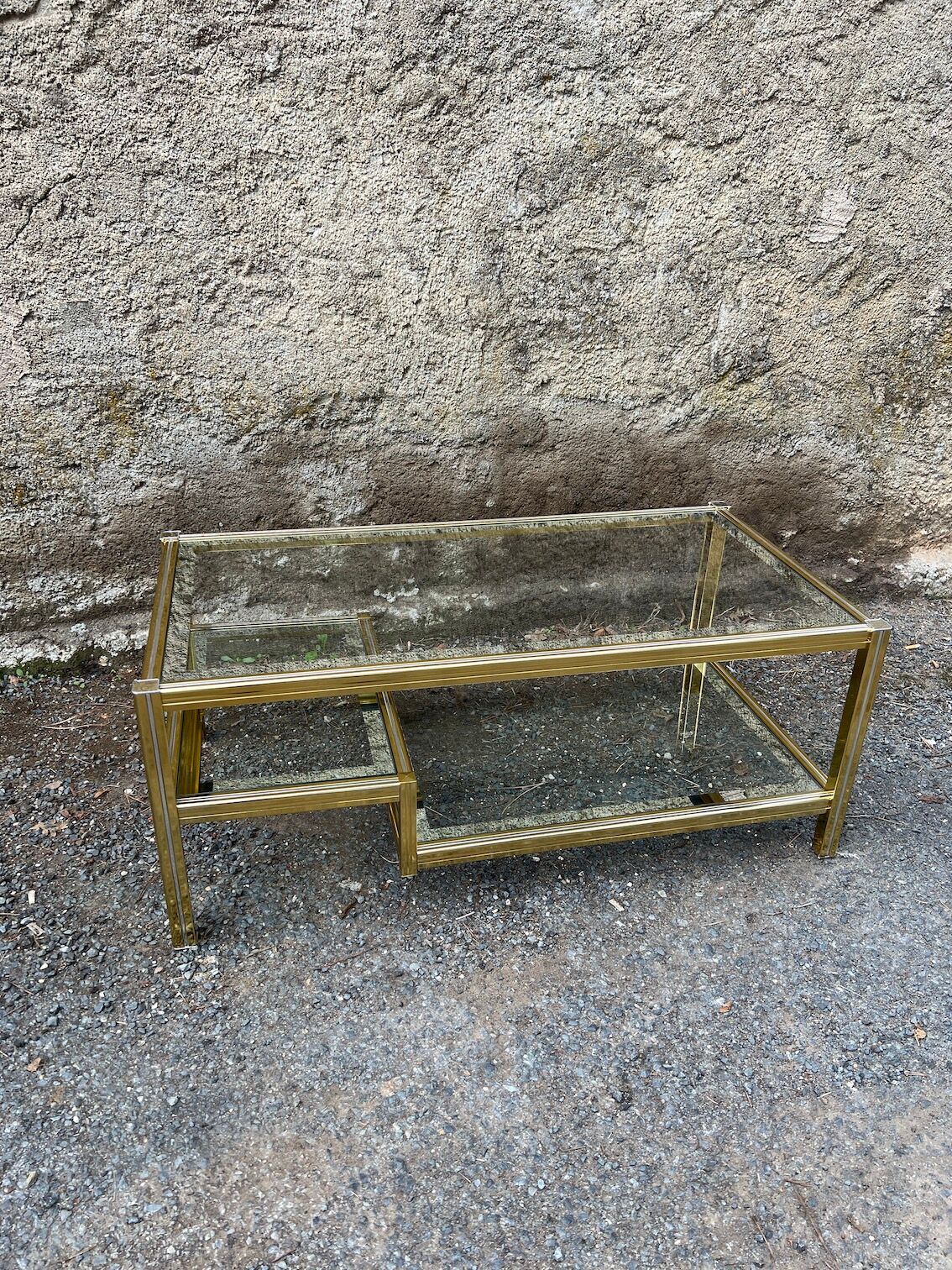 2-level coffee table Roche Bobois Hollywood Regency style brass and glass 70s