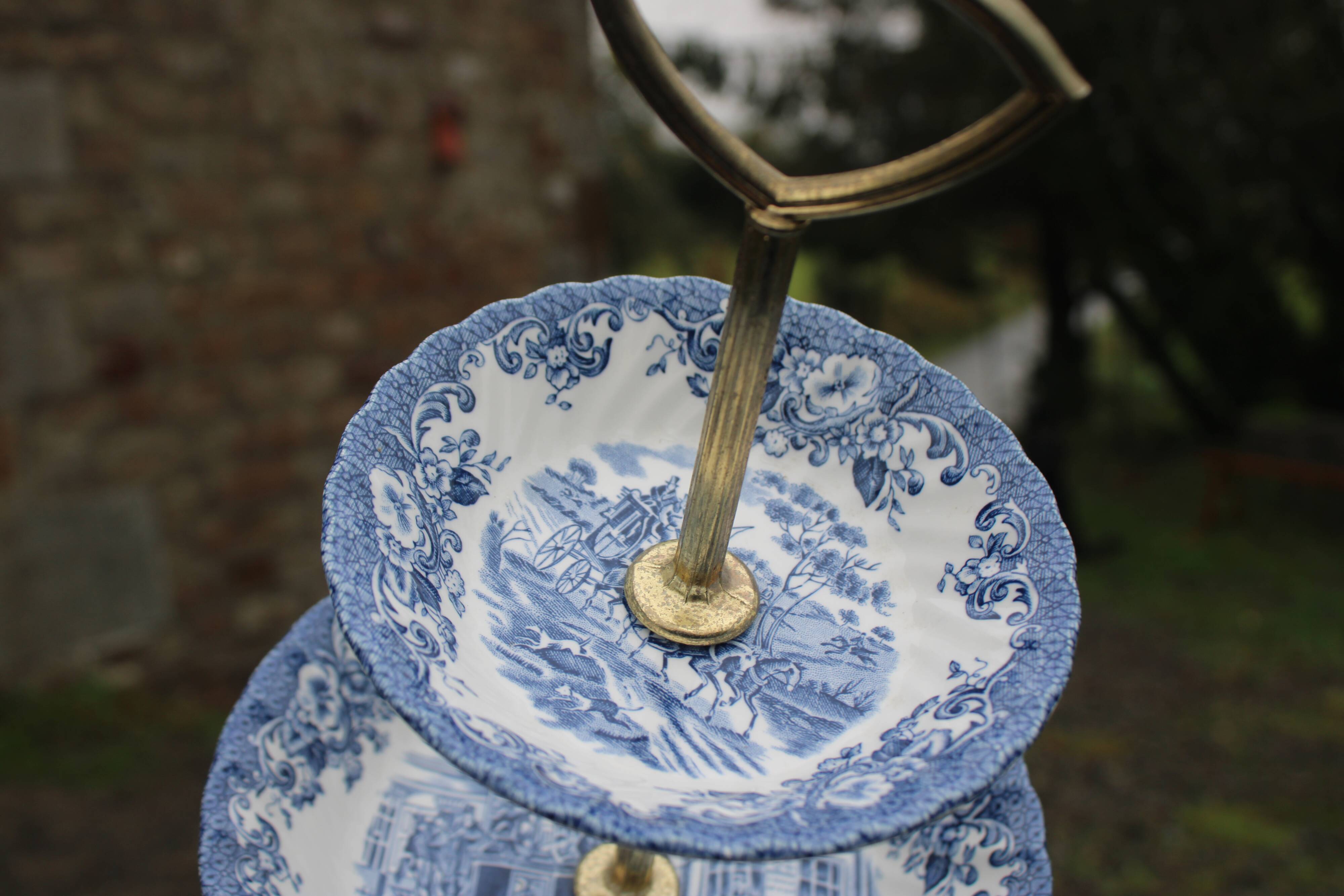 Johnson Bros. Two-Tier Serving Dish – “Coaching Scenes” – Blue English Earthenware