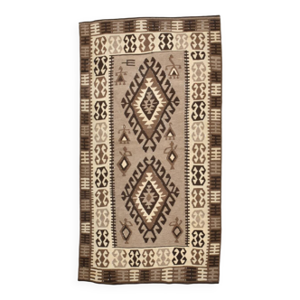 Tapis vintage antique fait main marron crème 3x6, 103x192 cm