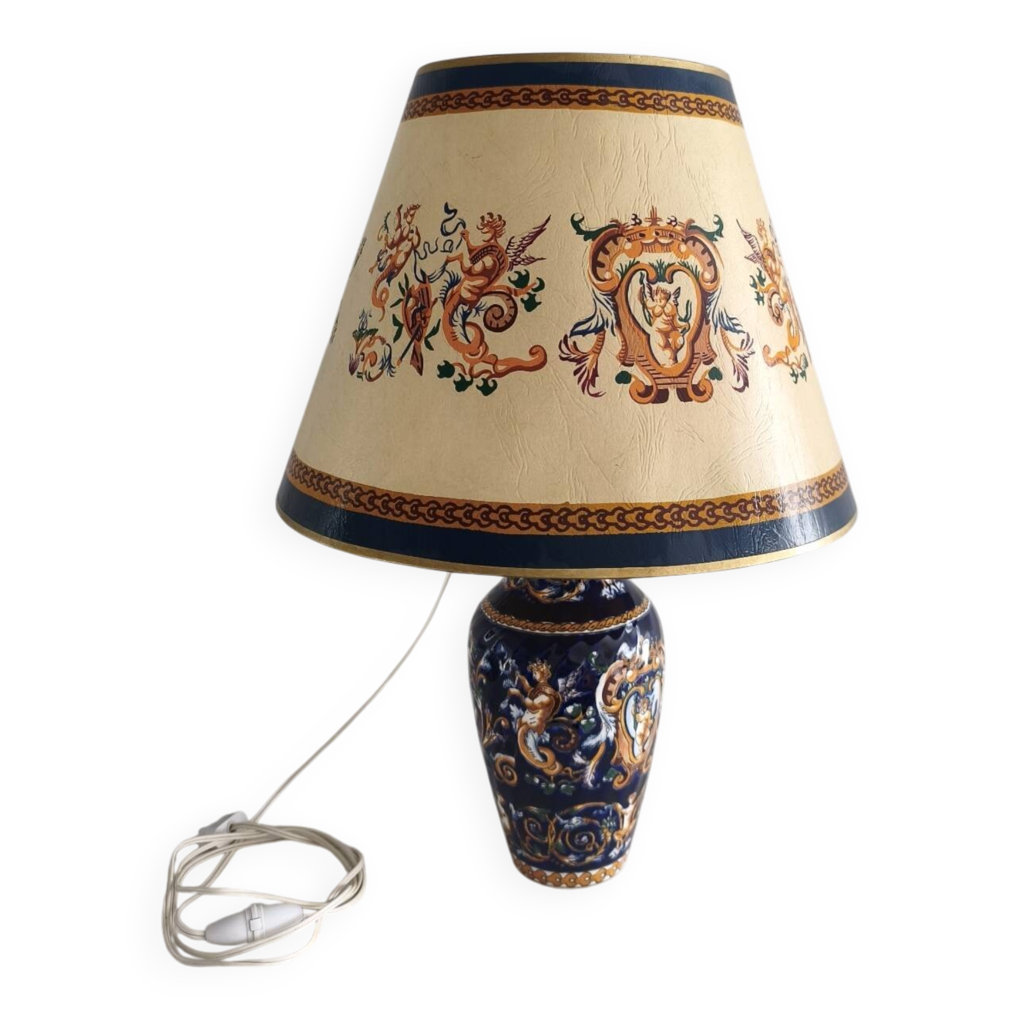 Grande lampe à poser faïence de Gien abat-jour d'origine - Renaissance