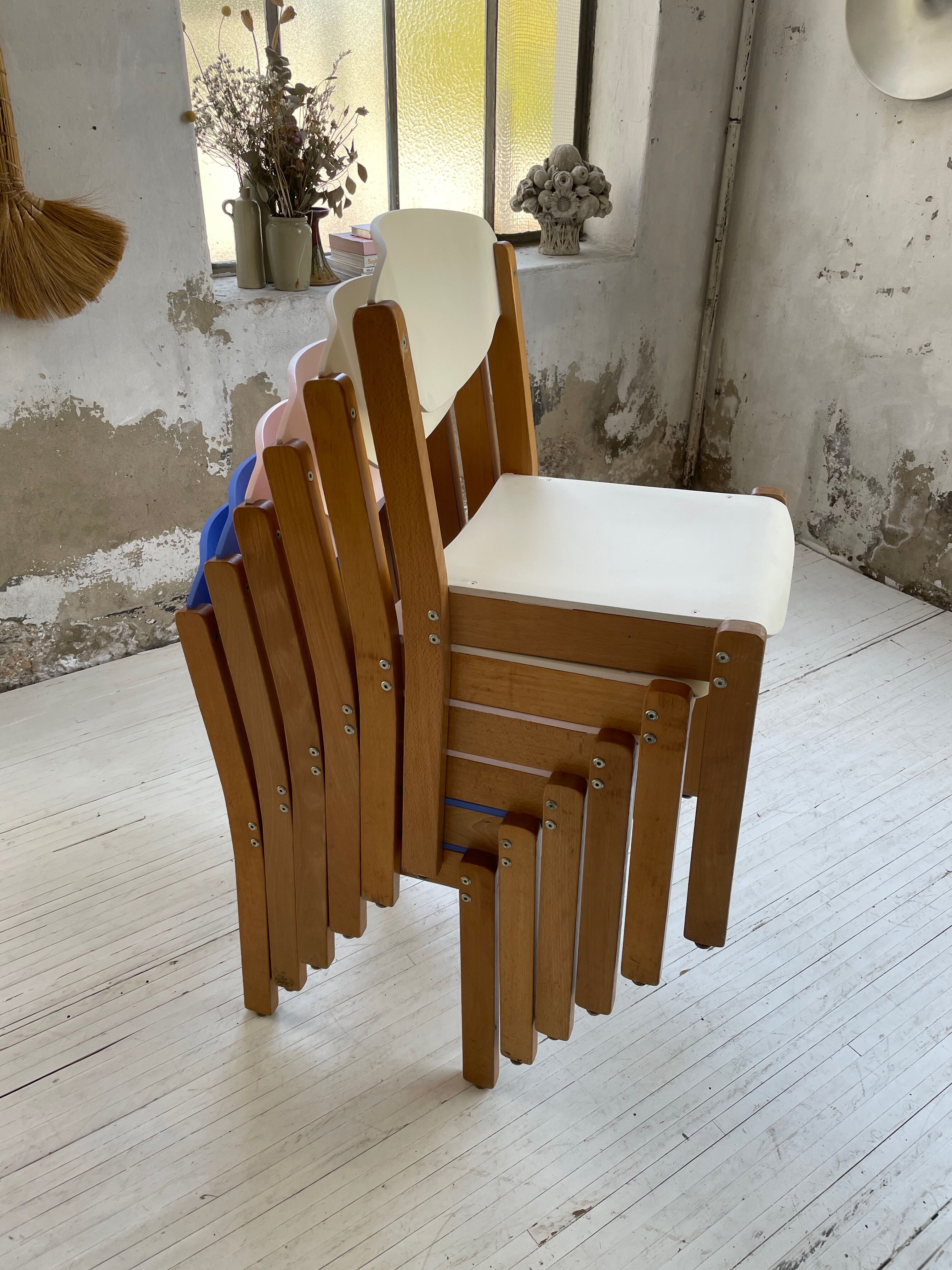 6 colorful 80s beech chairs