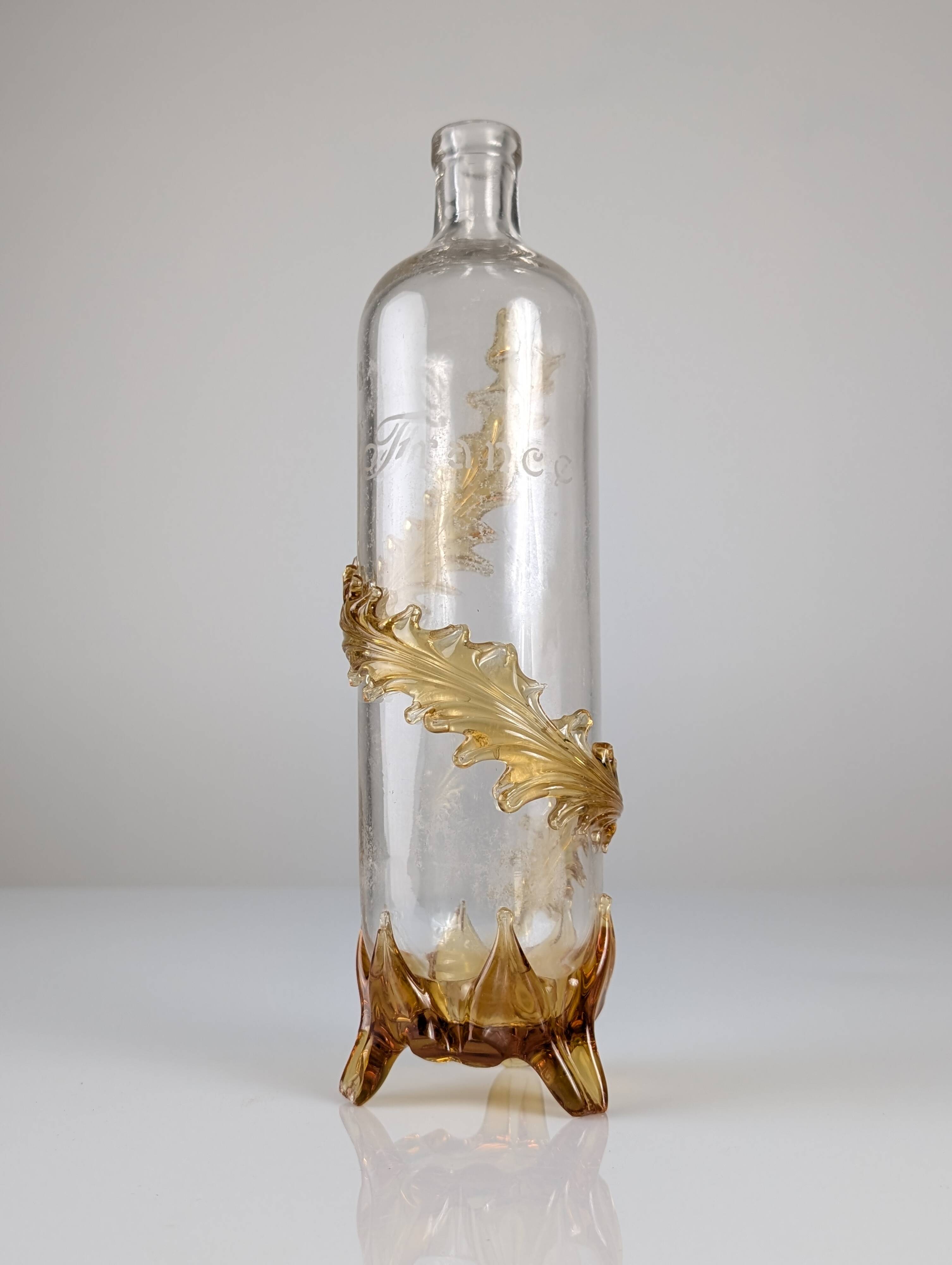French Art Nouveau Uranium Glass Bottle with Applied Amber Leaves, c. 1900