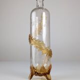 French Art Nouveau Uranium Glass Bottle with Applied Amber Leaves, c. 1900