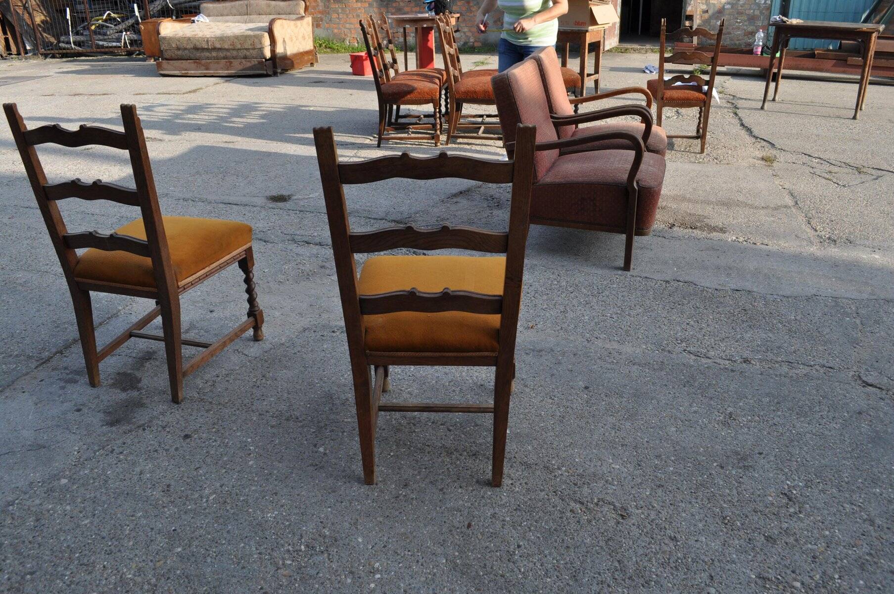 Pair of mid-century chairs from the 1950s in brown oak and straw yellow velvet — set of 2