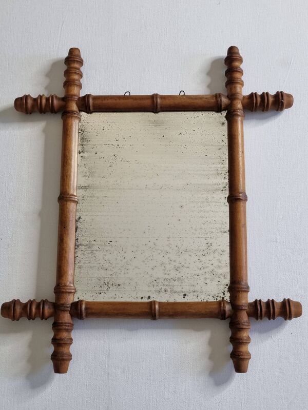Miroir ancien en bois tourné style bambou, fin XIXe siècle, 44 x 38 cm