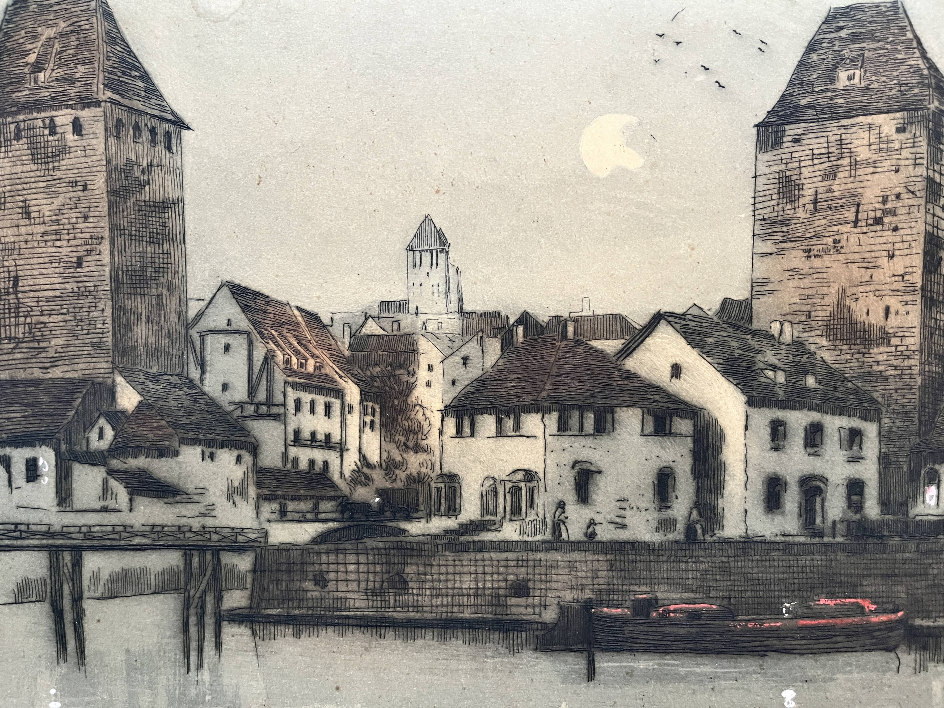 Old engraving The Two Towers signed Dauphin early 20th century