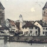 Old engraving The Two Towers signed Dauphin early 20th century