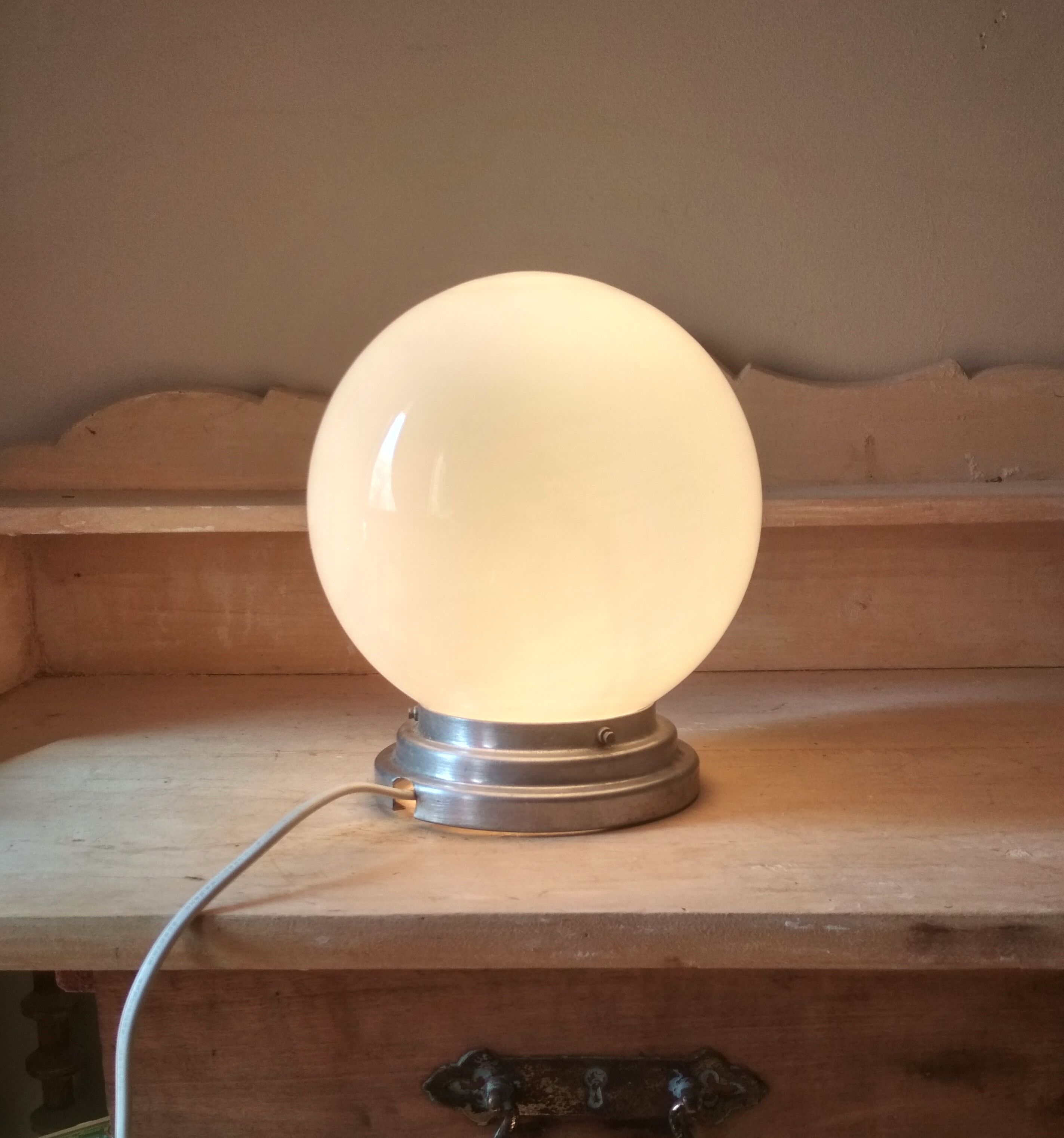 Old ceiling of 40's, white opaline globe, ceiling light