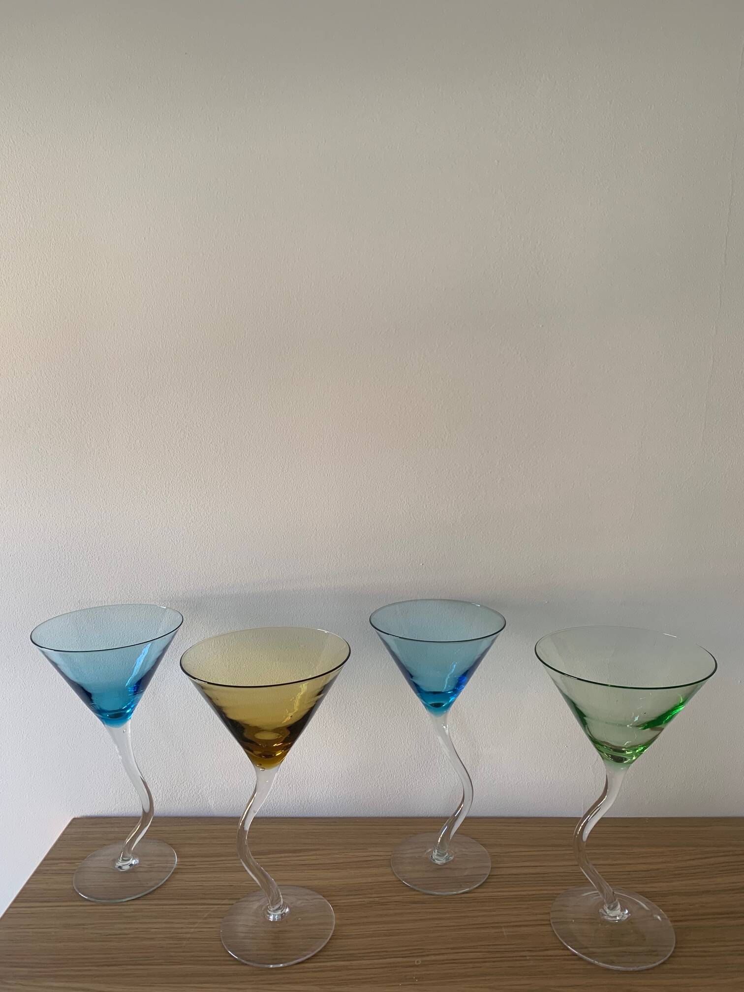 Set of 4 multi-colored dancing cocktail glasses, 1990