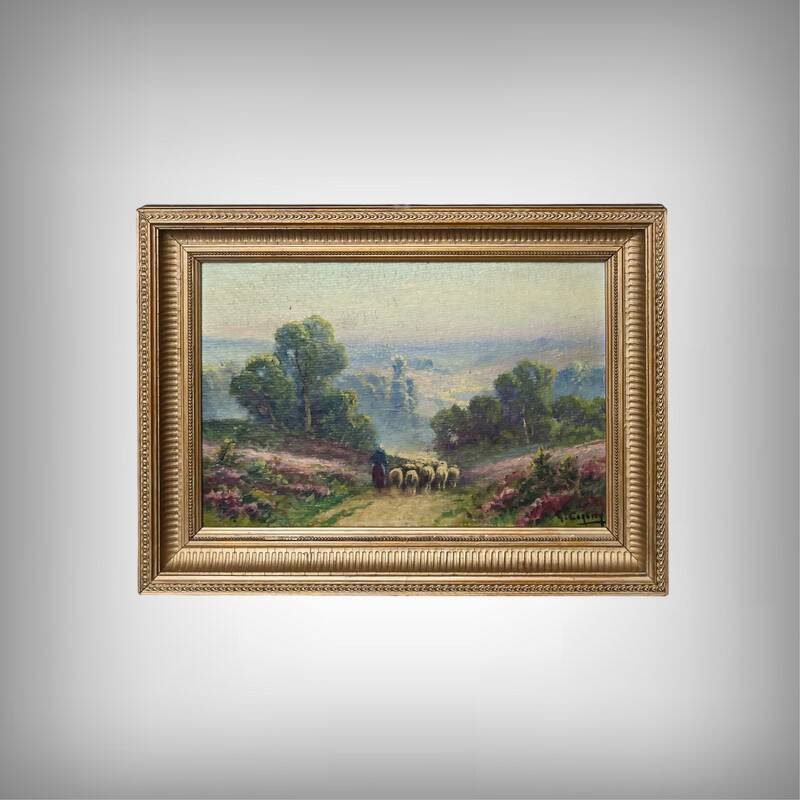 Painting "Shepherdess and her Flock", oil on panel signed G. Corbier – early 20th century