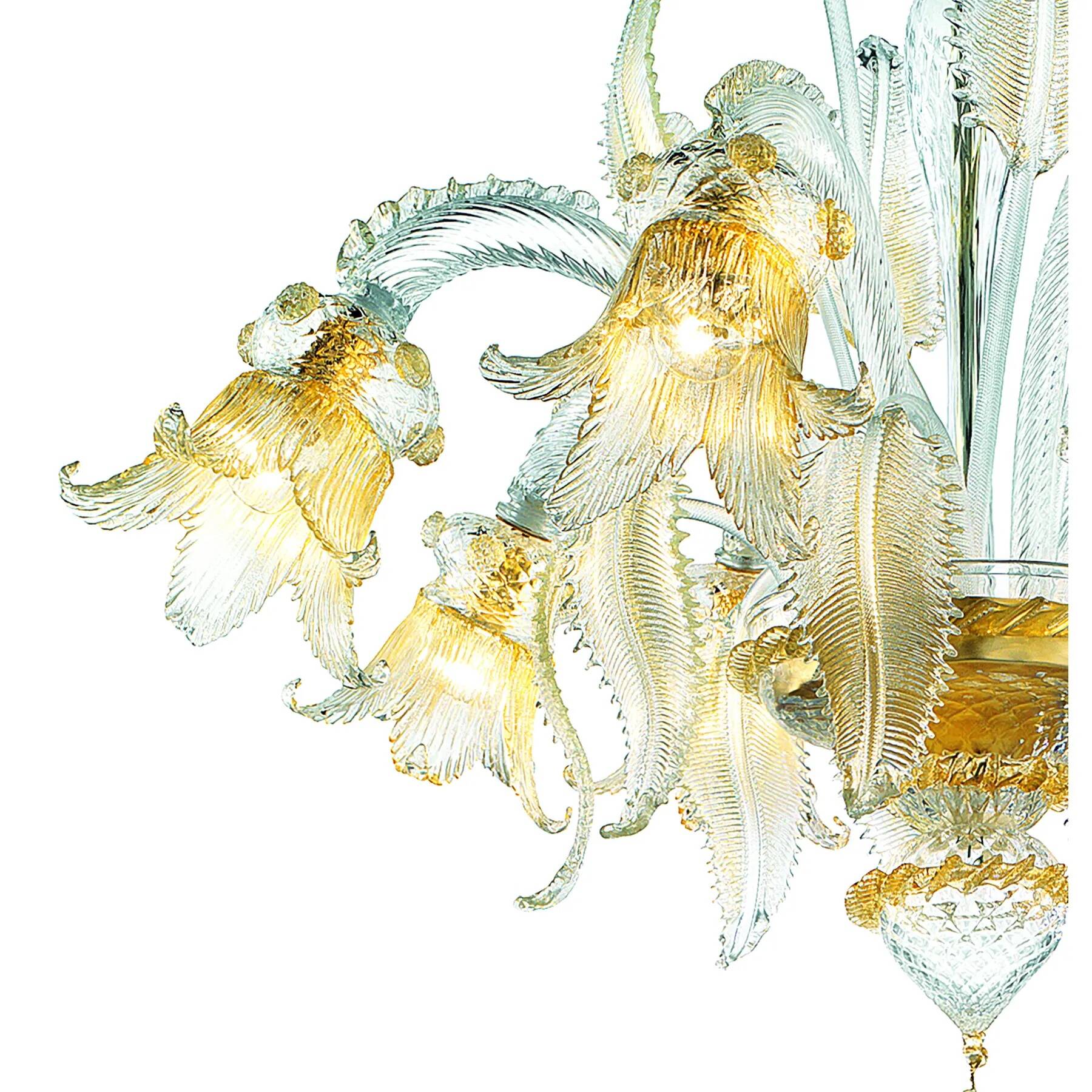 Luxury Italian Clear and Gold-Leaf Chandelier With Flowers and Leaves Muran