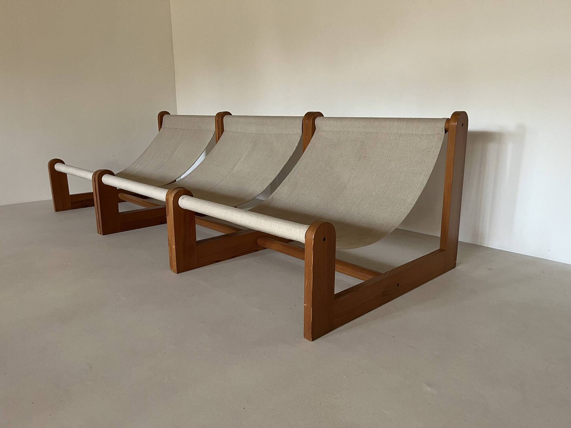 Sling chair in pine, canvas and sheepskin, 1970s
