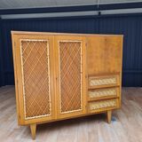 Wardrobe secretary child 60s wood and rattan feet compass